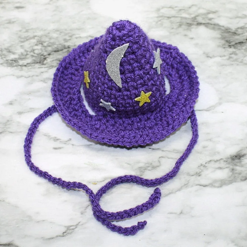 HAND CRAFTED Crochet Halloween Wizard Hat Moon Stars Costume Photo Prop Purple - Picture 5 of 11